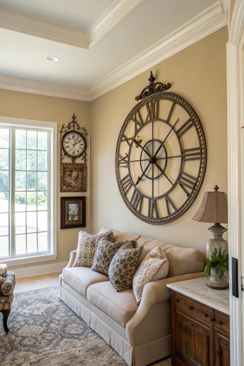 An antique clock adds timeless elegance and functionality.