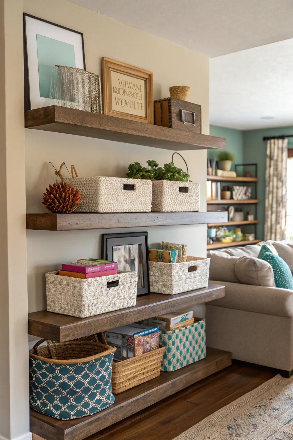 Harmonize storage with flair through practical containers on ledges.