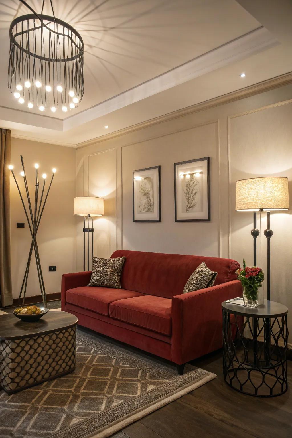 Strategically positioned illumination emphasizes the vibrant shade and sophistication of a ruby settee.