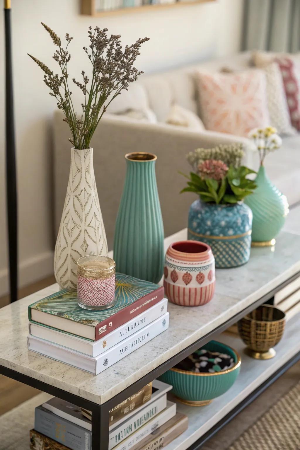 Layered items introducing depth and personality to side tables.