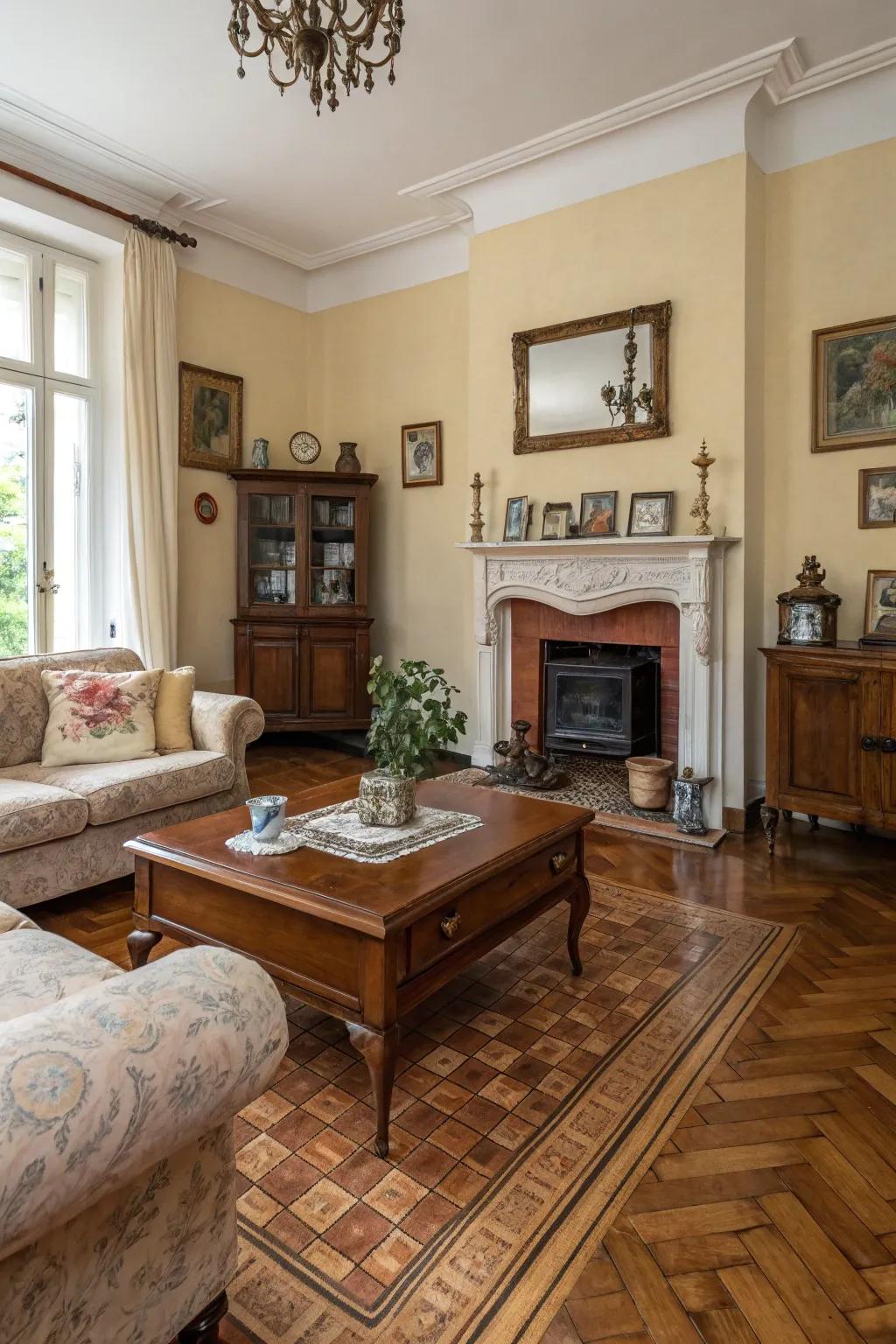 Elegant living room with parquet-look tiles.