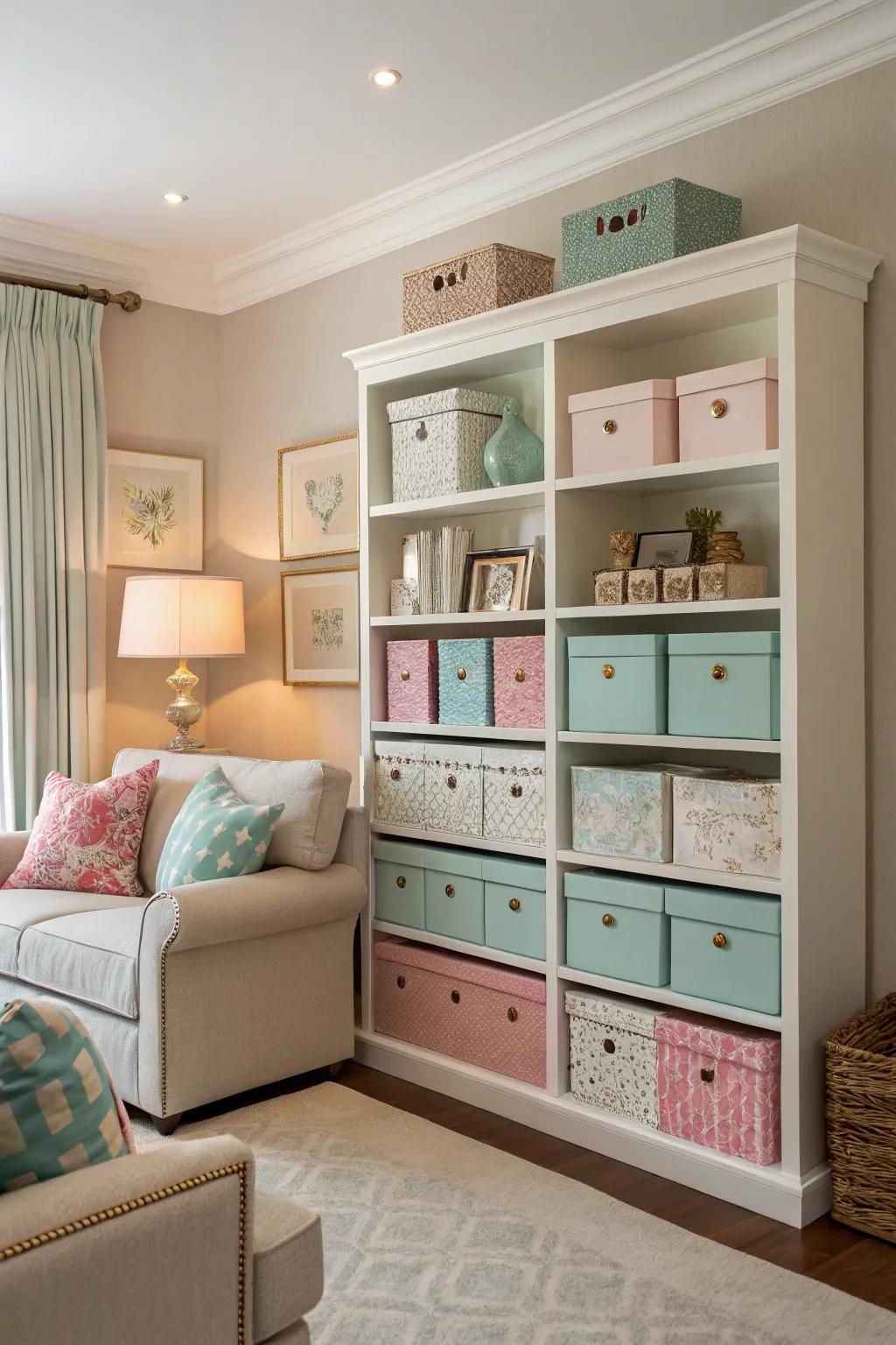 Ornamental boxes provide stylish and cohesive storage.