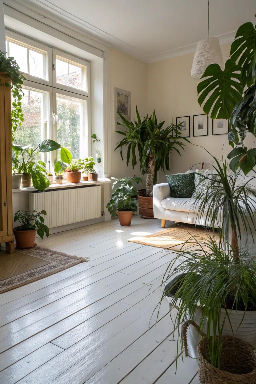 Lush plants introduce a refreshing element to a room adorned with white wood floors.