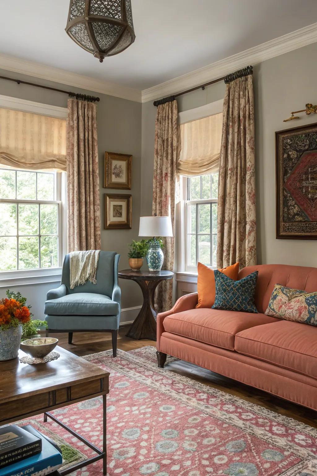 A varied mix of window decor elements injecting character into the living space.