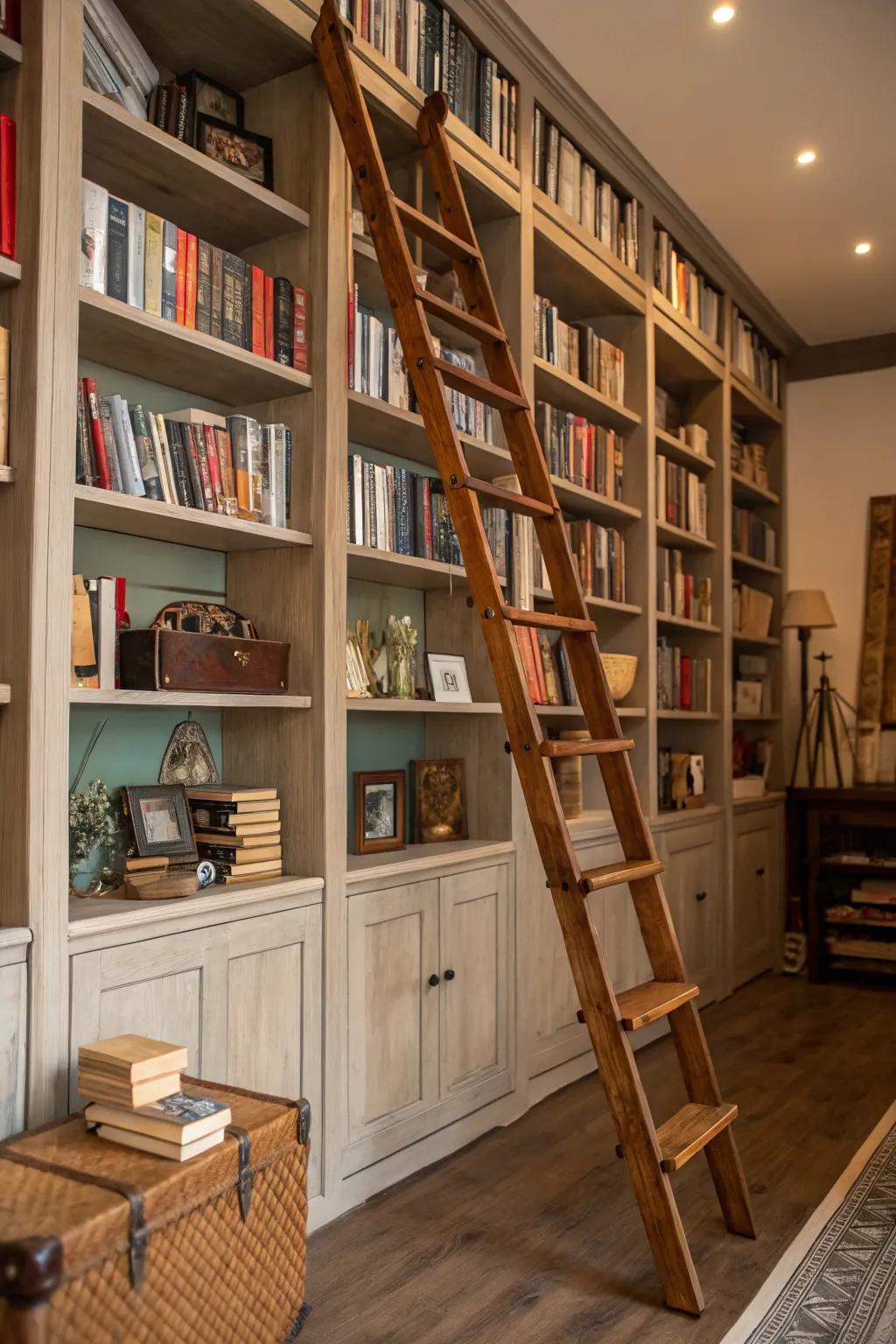 Rolling steps enhance both charm and usefulness to elevated bookshelves.