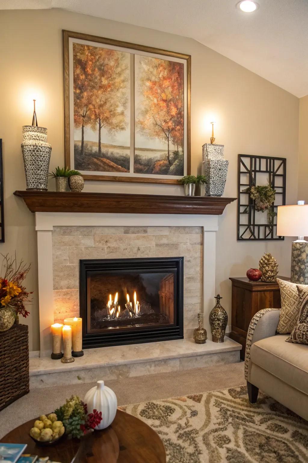 A hearth graced with artwork and thoughtful decor, adding character to the living space.