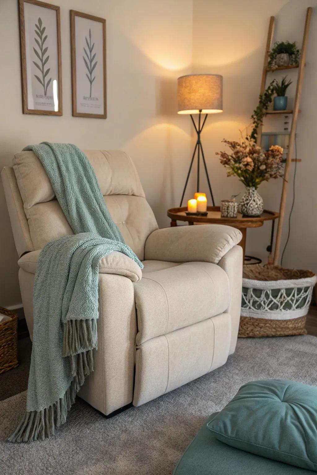 A designated relaxation space highlighted by a comfortable recliner.