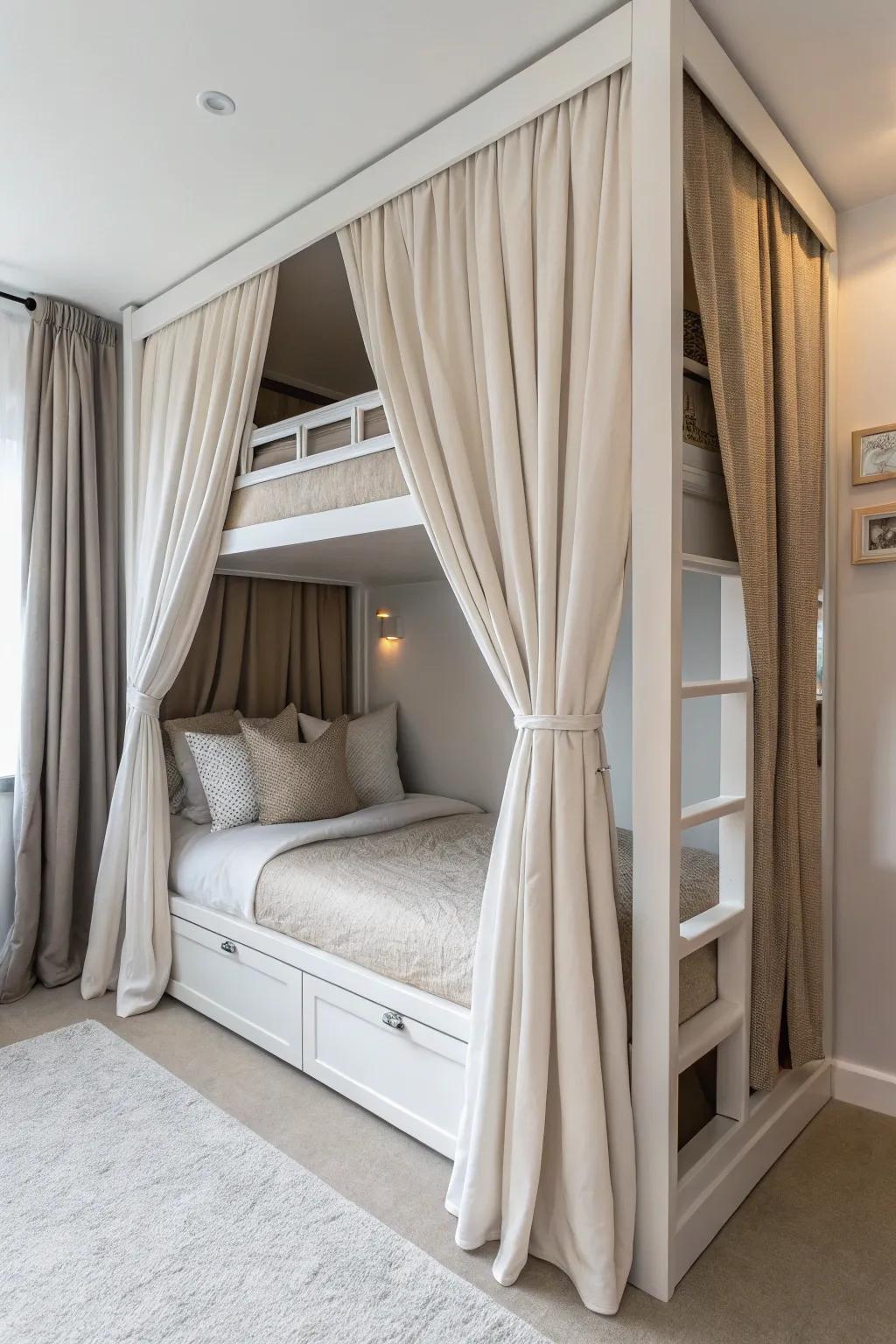 Fabric panels around your loft bed add privacy and elegance to your room.