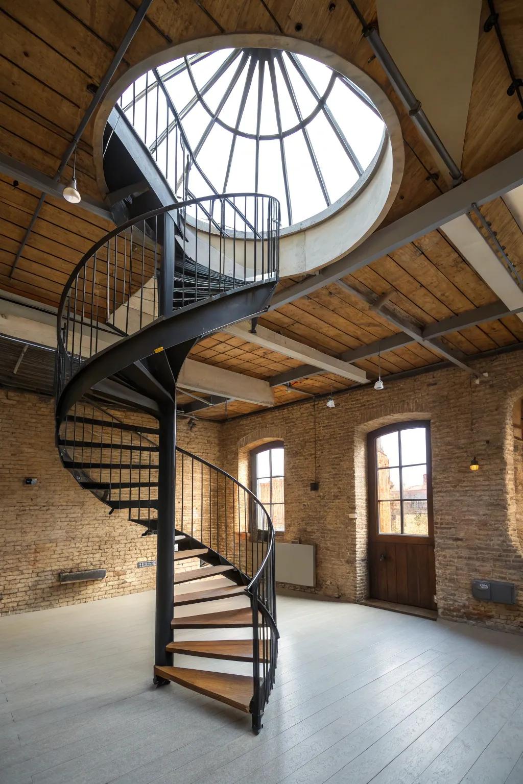 Artistic spiral staircase as a loft's central design.