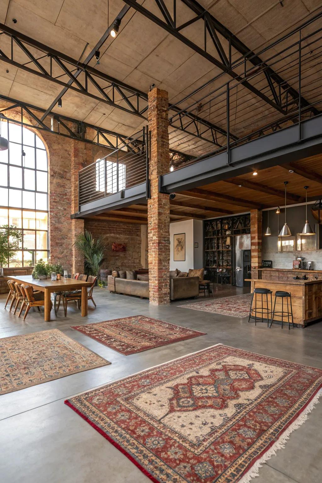 Rugs effectively define areas in an open loft.