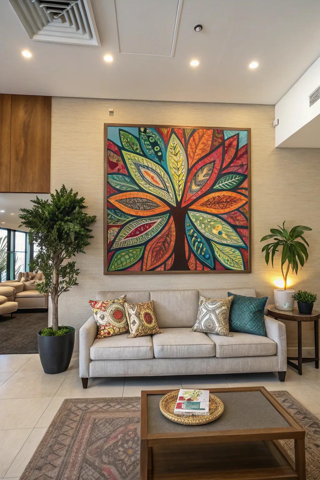 Art enlivens walls and becomes a focal point in the lounge.