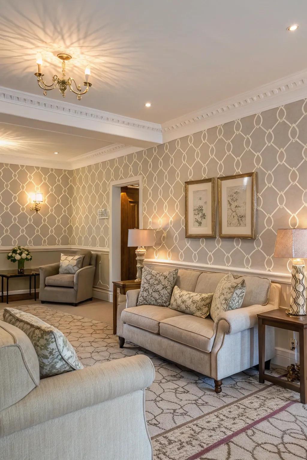 Partial wallpapering enriches the depth and intimacy of the living room.