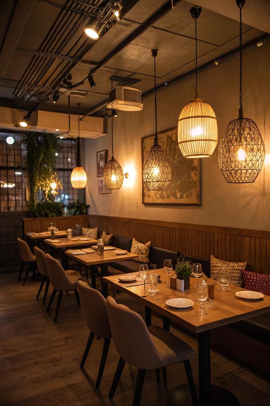 Subtle lighting forms a snug dining atmosphere.