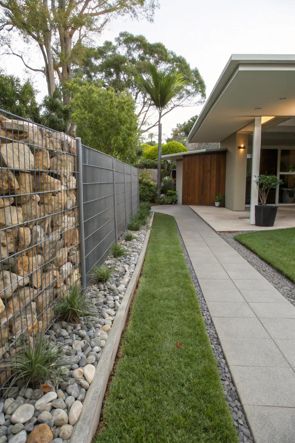 A gabion structure contributes a countryside yet contemporary accent to this front garden.