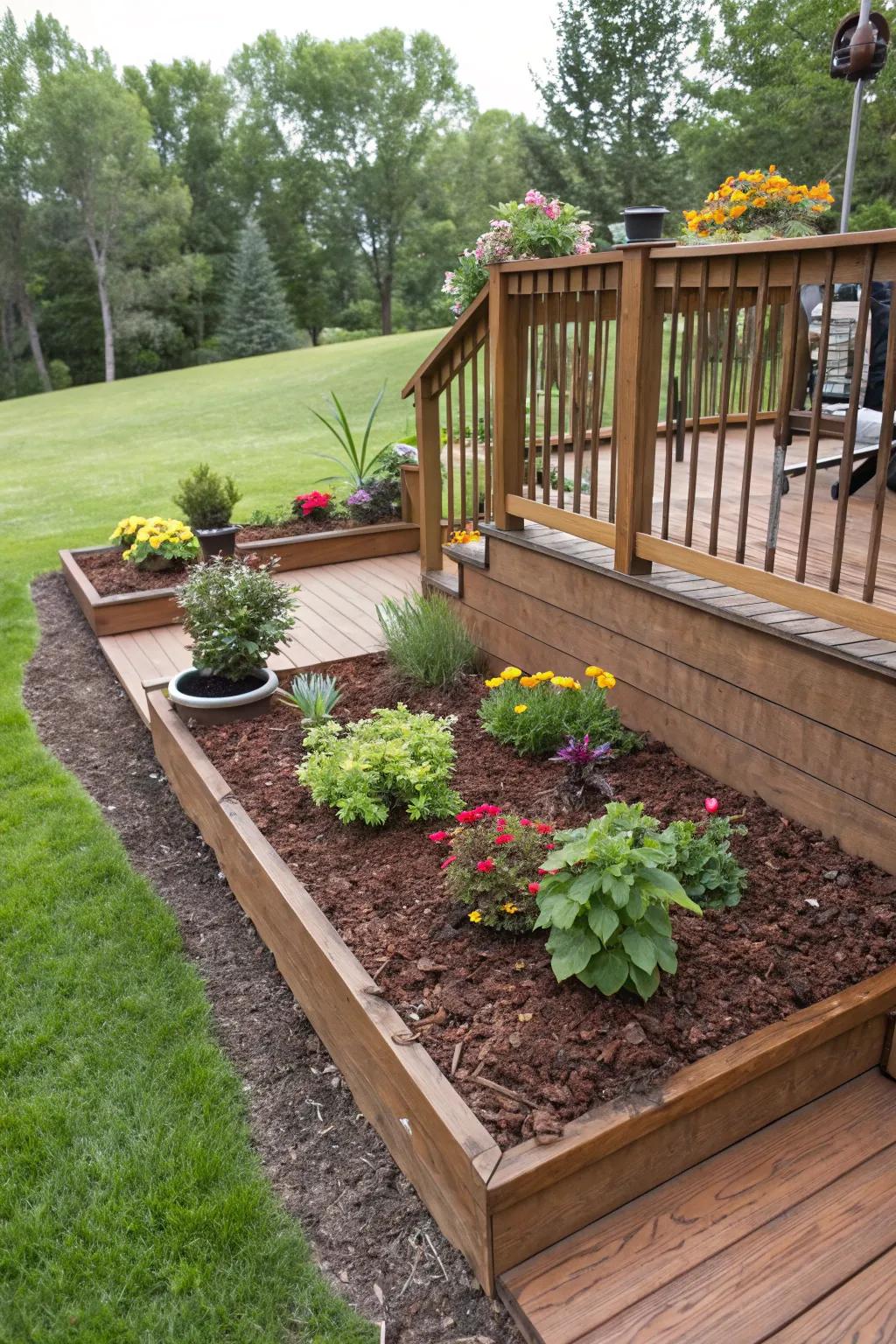 Garden spaces featuring fresh mulch surrounding a raised deck.