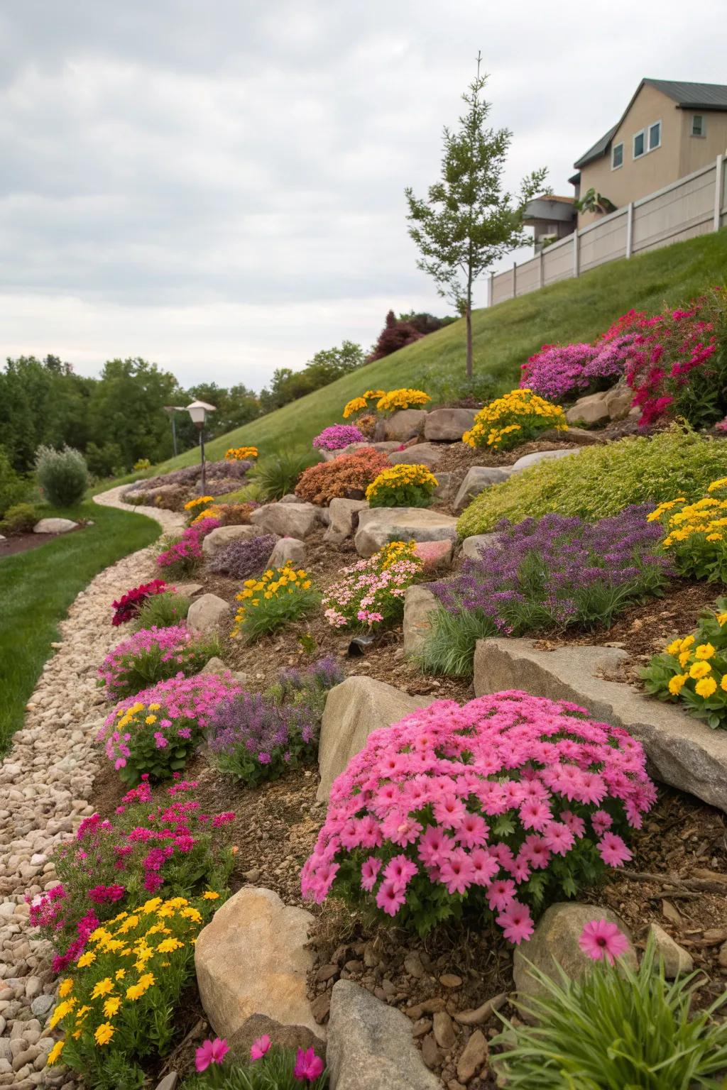 Bright flowers bring life and long-lasting beauty to sloping gardens.