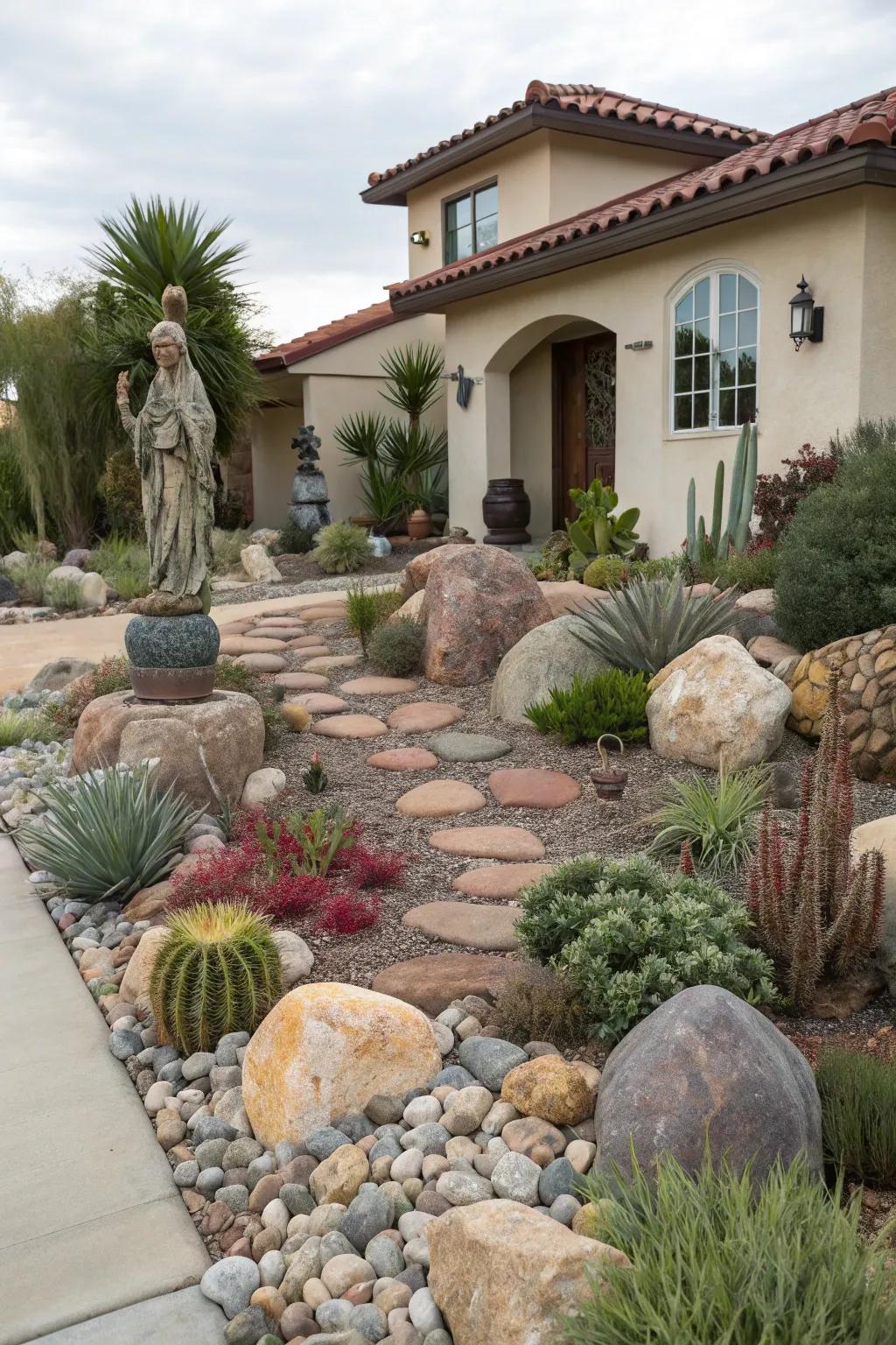 Artistic elements bring charm to a xeriscape yard without adding extra maintenance.