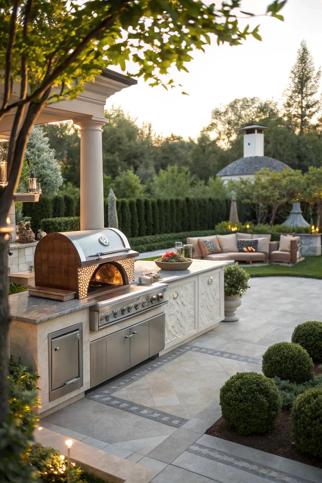 A gourmet outdoor kitchen fully equipped with a grill and pizza oven.