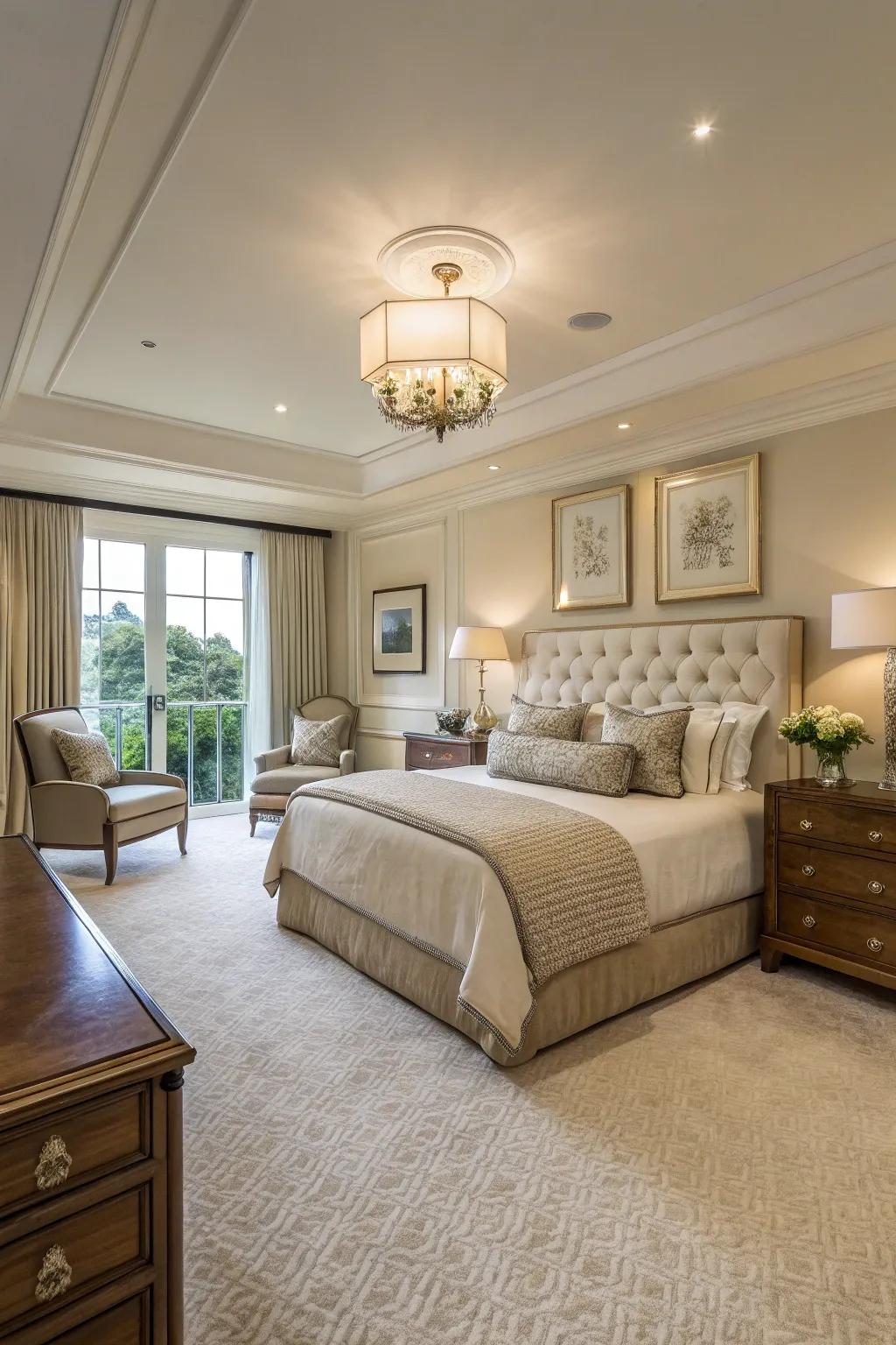 A luxurious bedroom featuring an expansive design that maximizes relaxation and usability.