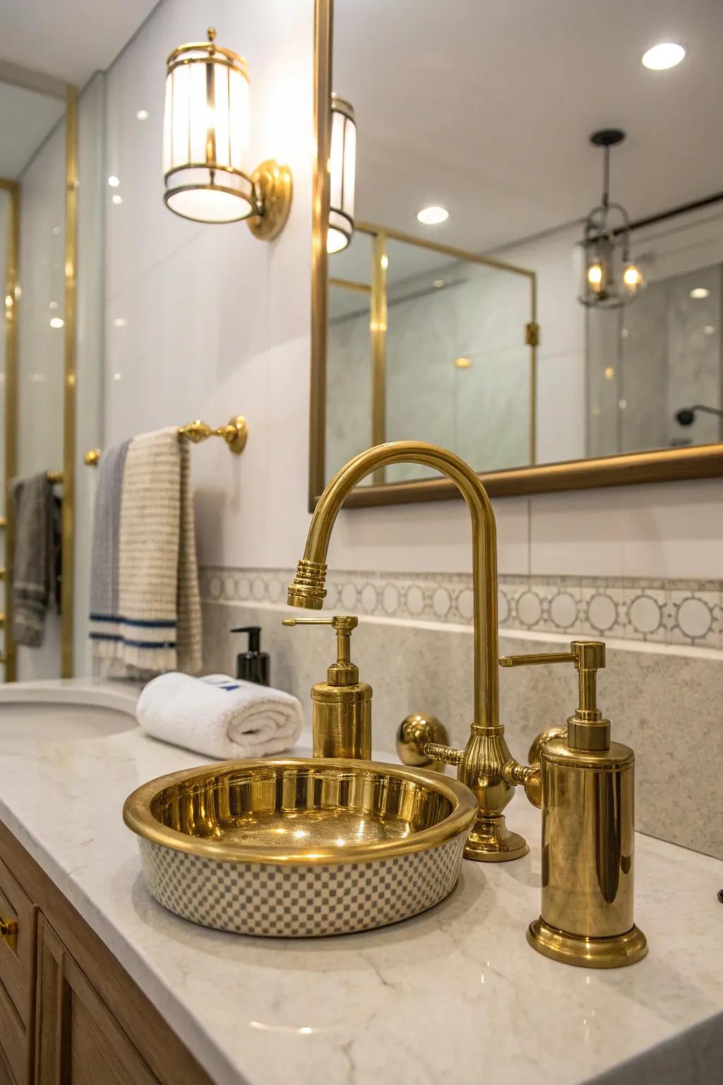 Metallic accents adding warmth and luxury to a bathroom.