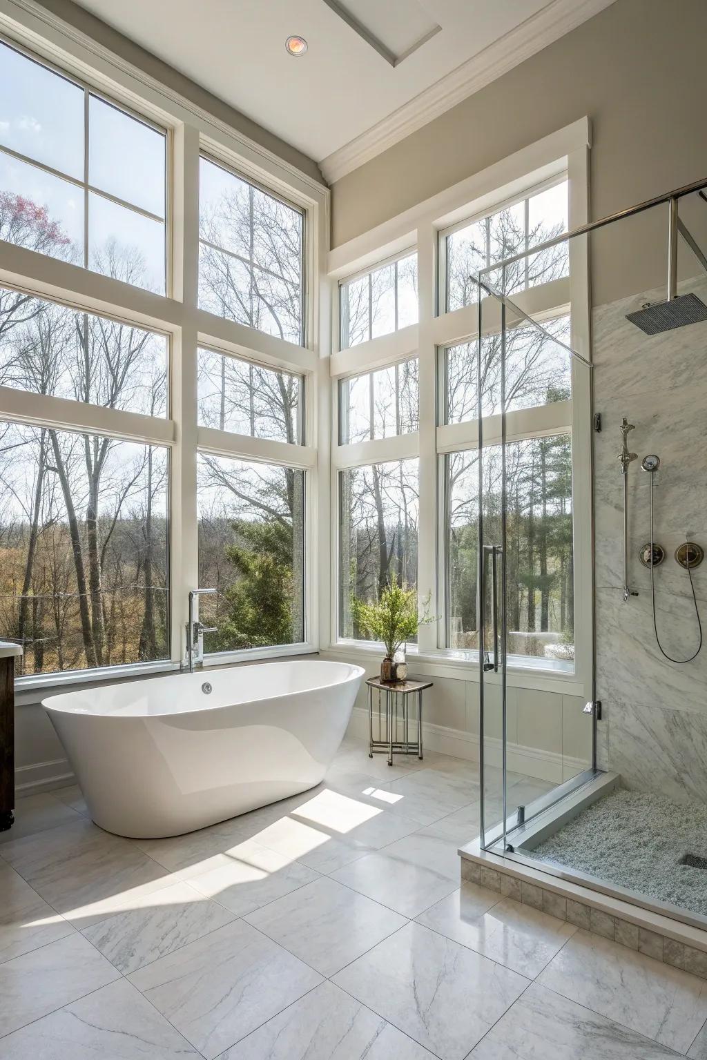 A master bathroom drenched in sunlight from expansive panes.