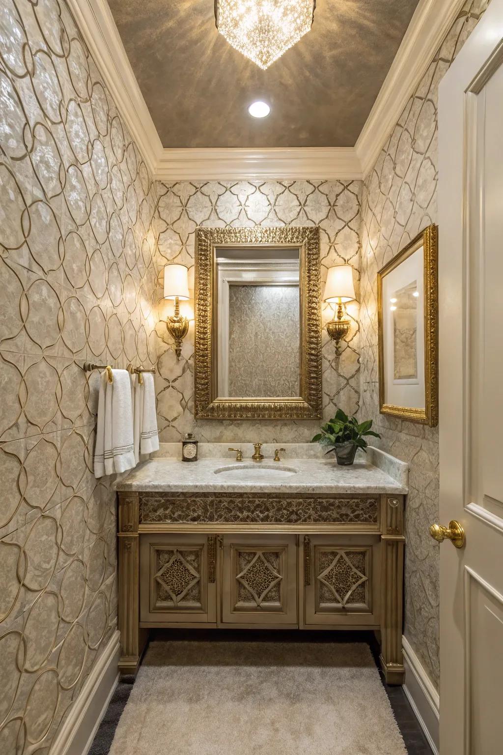 Structured walls inject dimension and interest into this powder room.