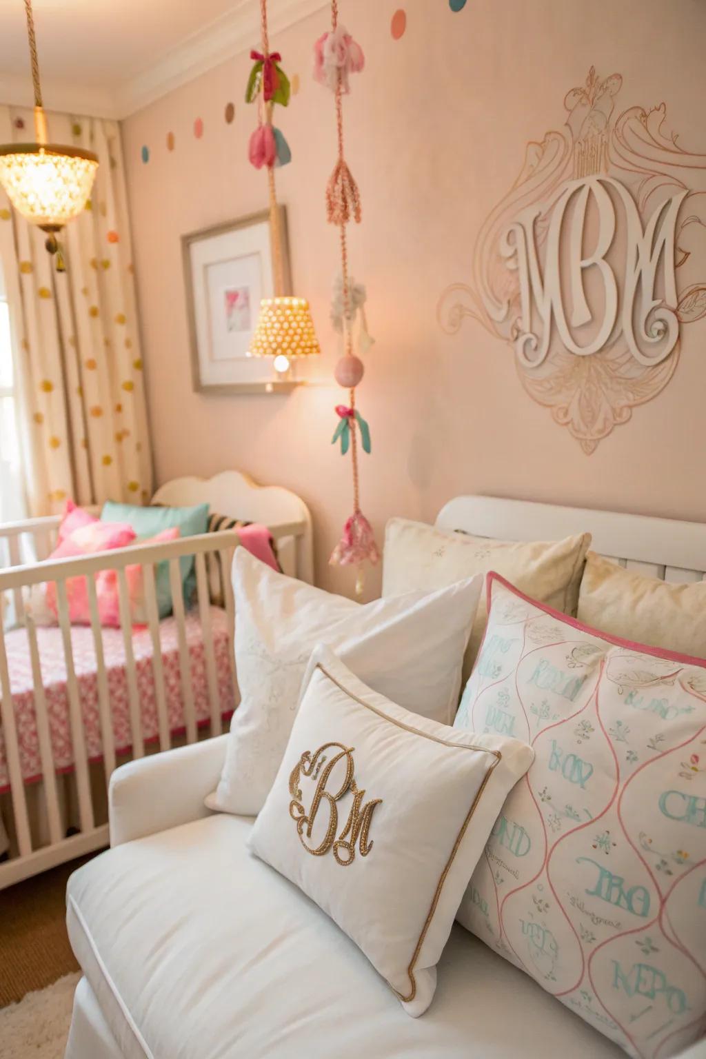 A nursery featuring stylish accessories like custom cushions and themed decor.