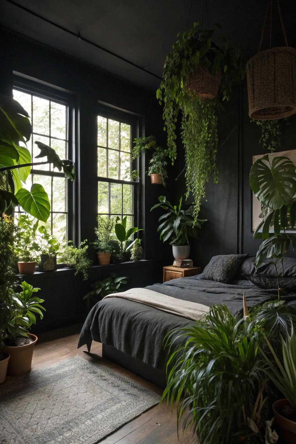 Indoor plants add a touch of life and peacefulness to this elegant onyx bedroom.