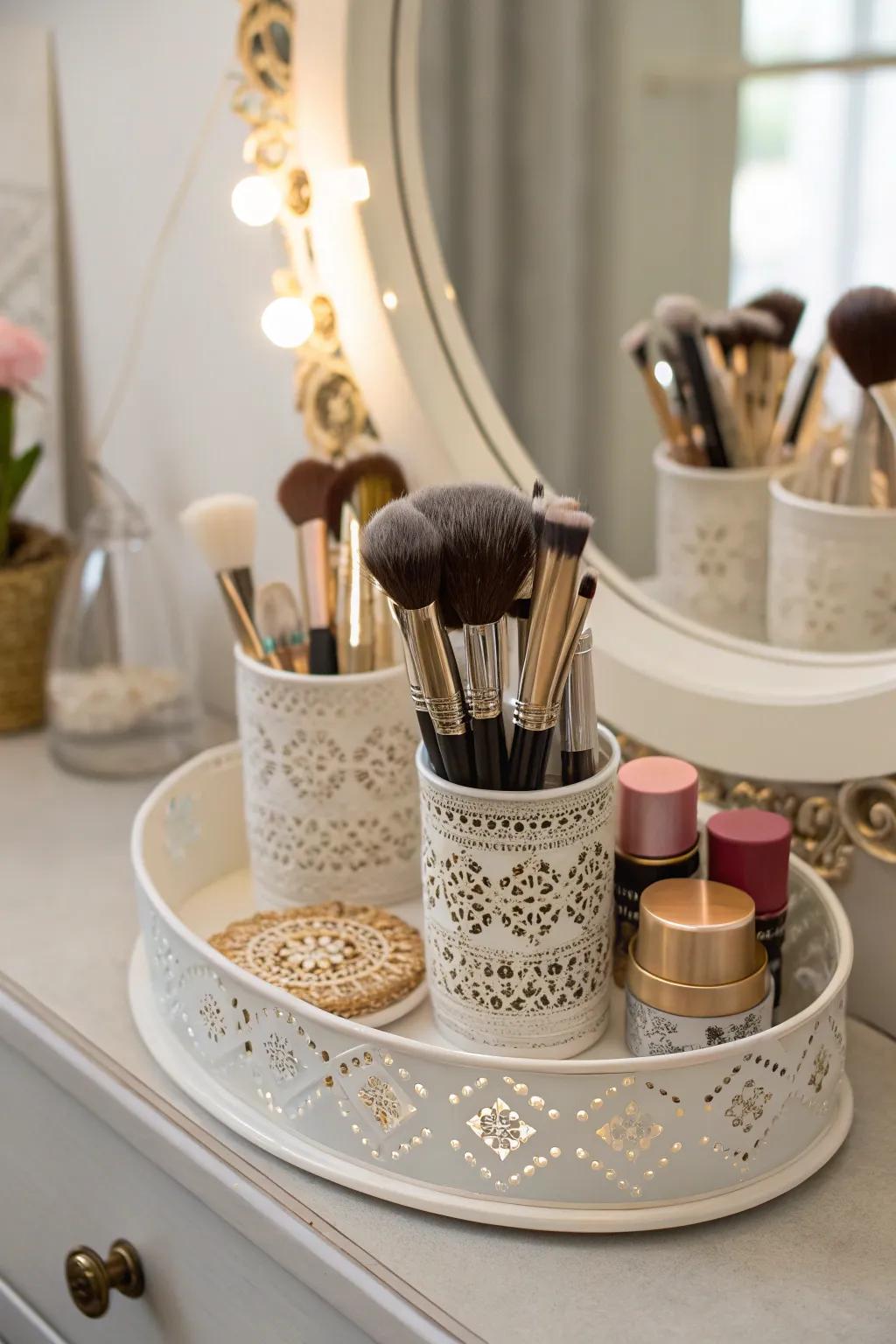 A platter arrangement imparts grandeur and order to the safekeeping of makeup brushes.