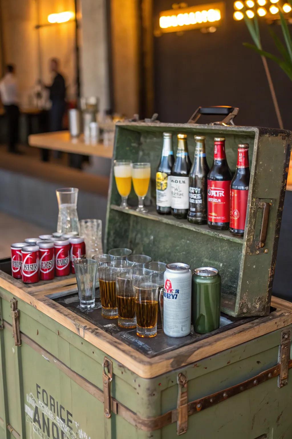 An ammunition box mini-bar adds a rugged charm to the space.