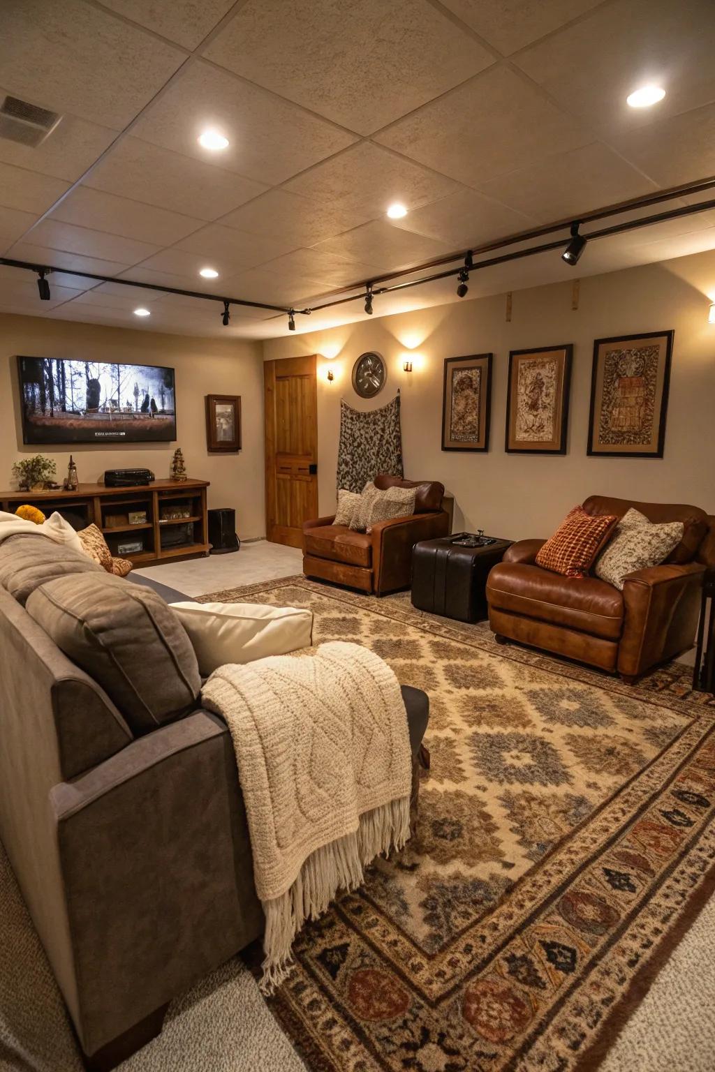 Welcoming rugs and throws provide comfort and style to this man cave.