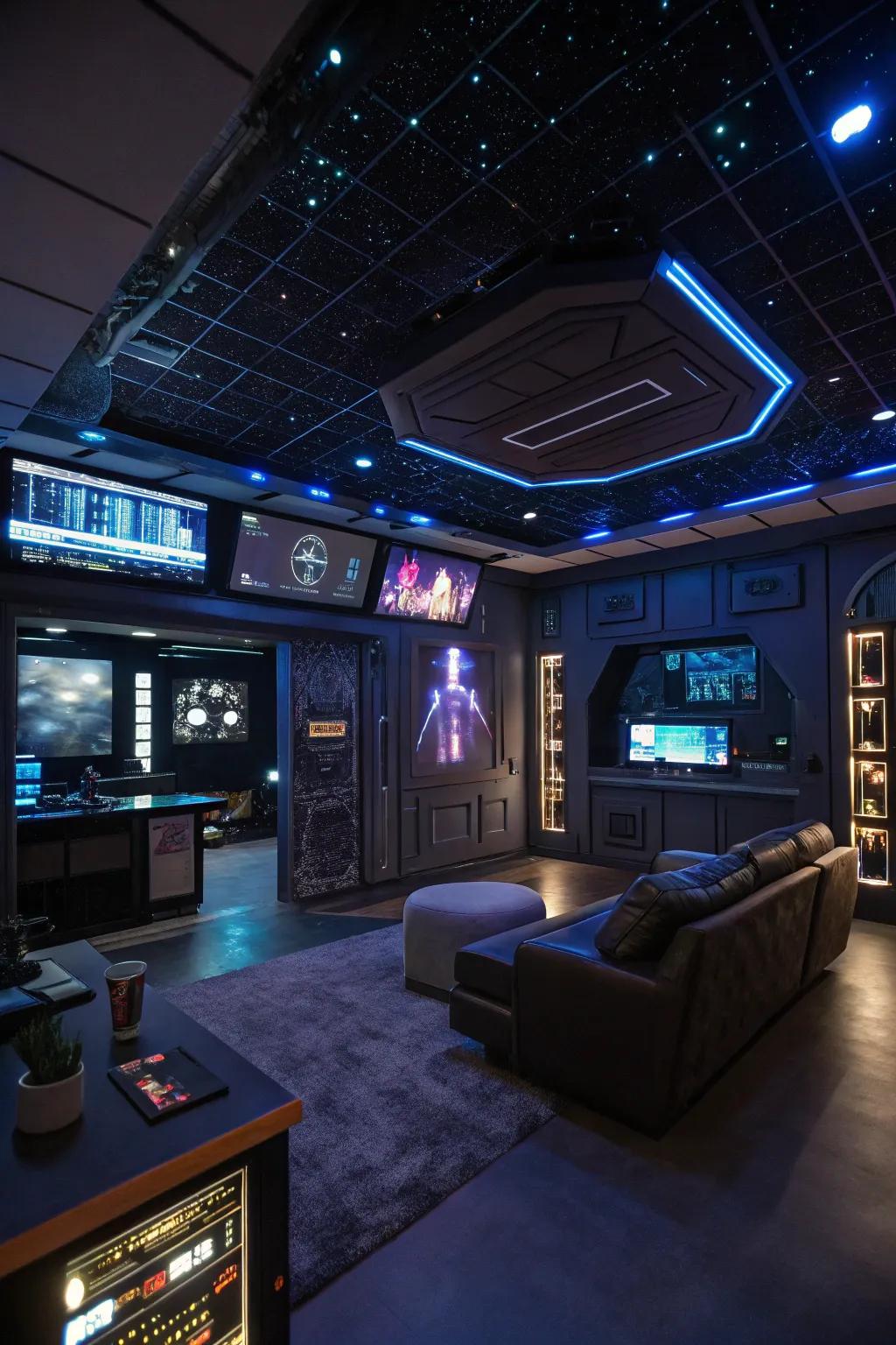 Venture into the future with a sci-fi themed man cave.