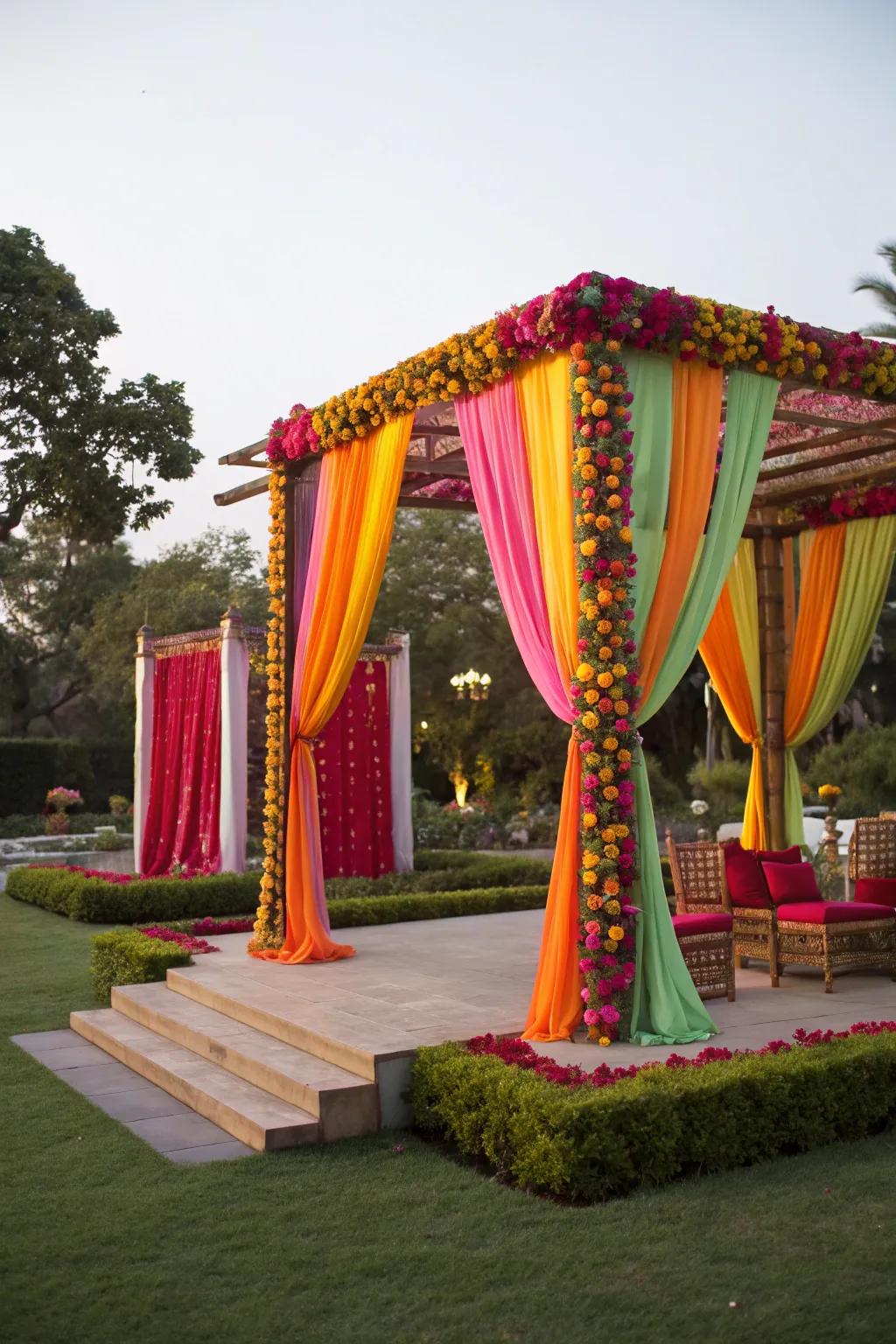Playful colored cloths inject a cheerful element into a marriage altar.