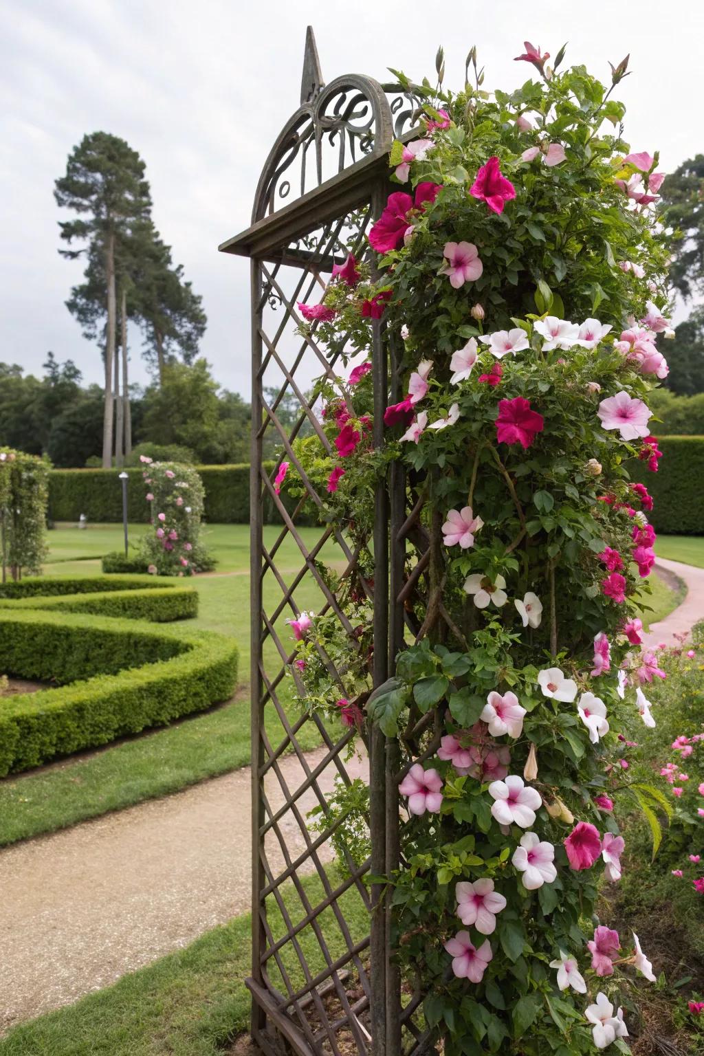 A wrought iron support introduces sophistication and grace with blossoming blushing trumpet vine.