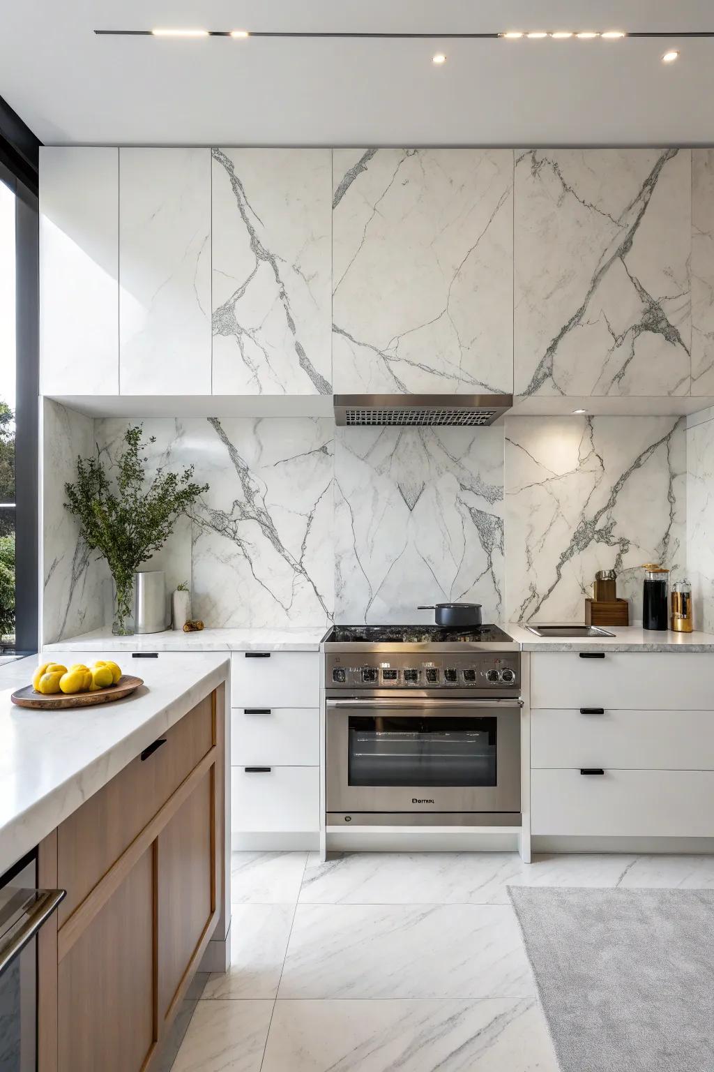 A kitchen highlights the seamless elegance inherent within a sprawling marble panel backsplash.