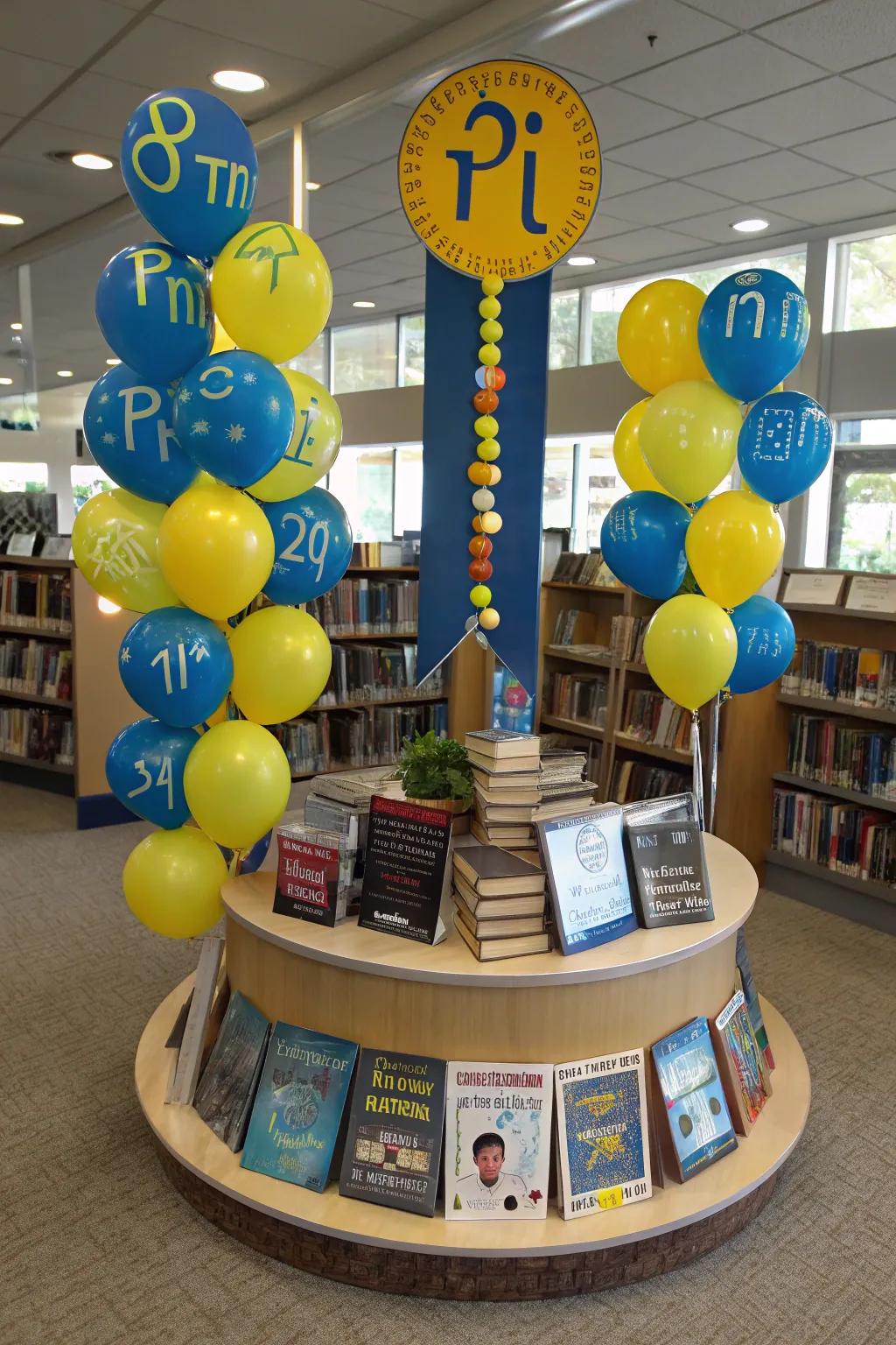A Pi Day exhibit showcasing math books and circular motifs.