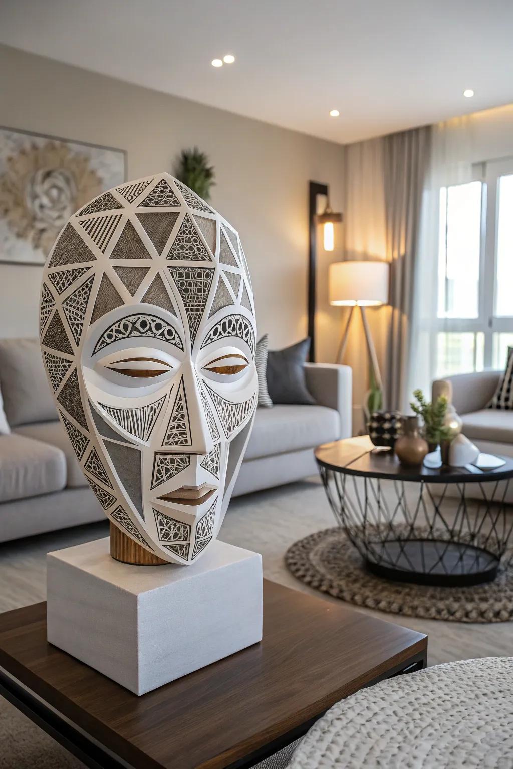 A geometric mask art piece imparting a modern aesthetic to home décor.