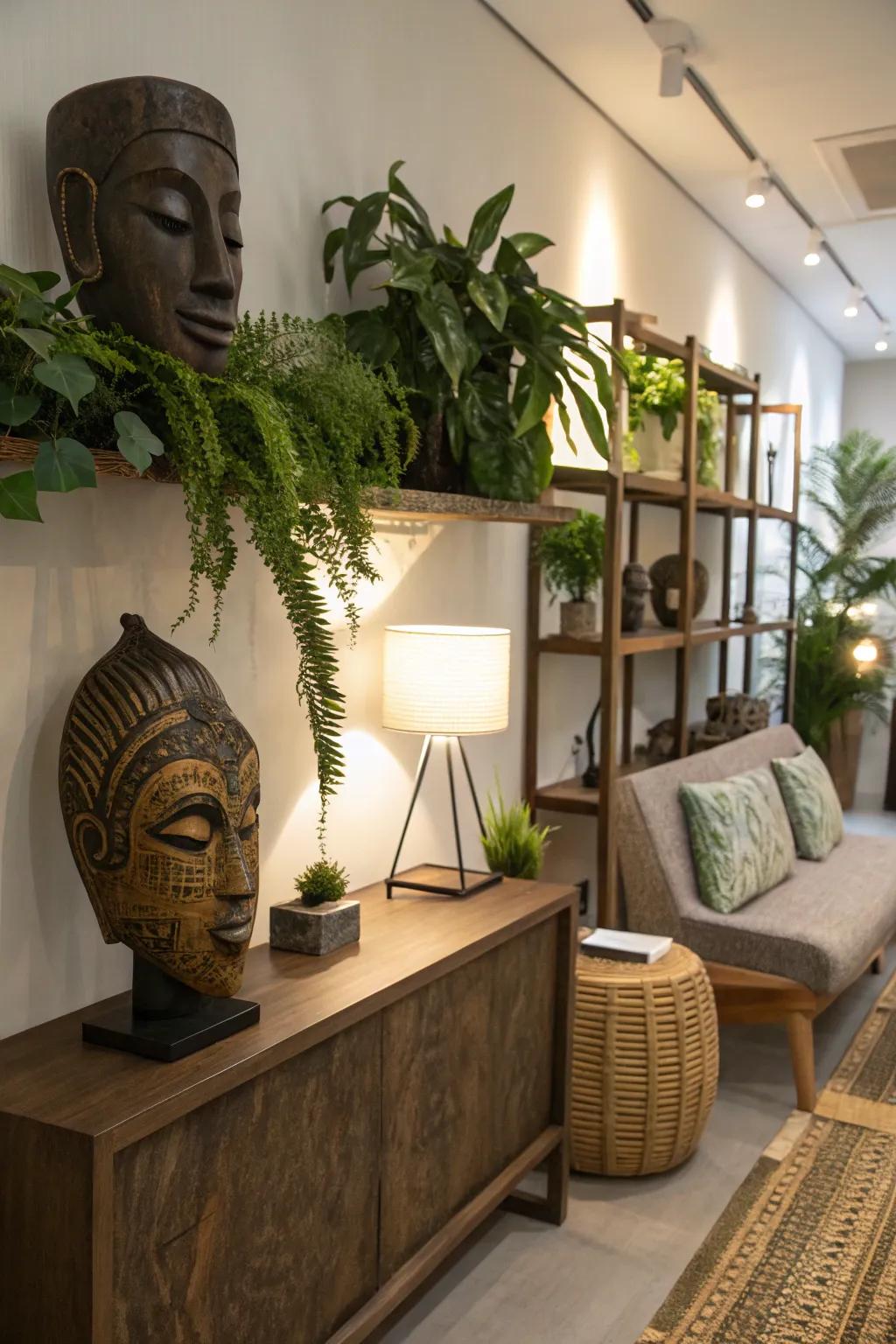 Masks integrated with furnishings and flora augment the room's cohesion.