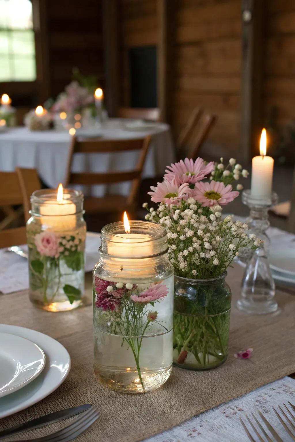 Bewitching drifting blossom and flare quart container centerpieces.