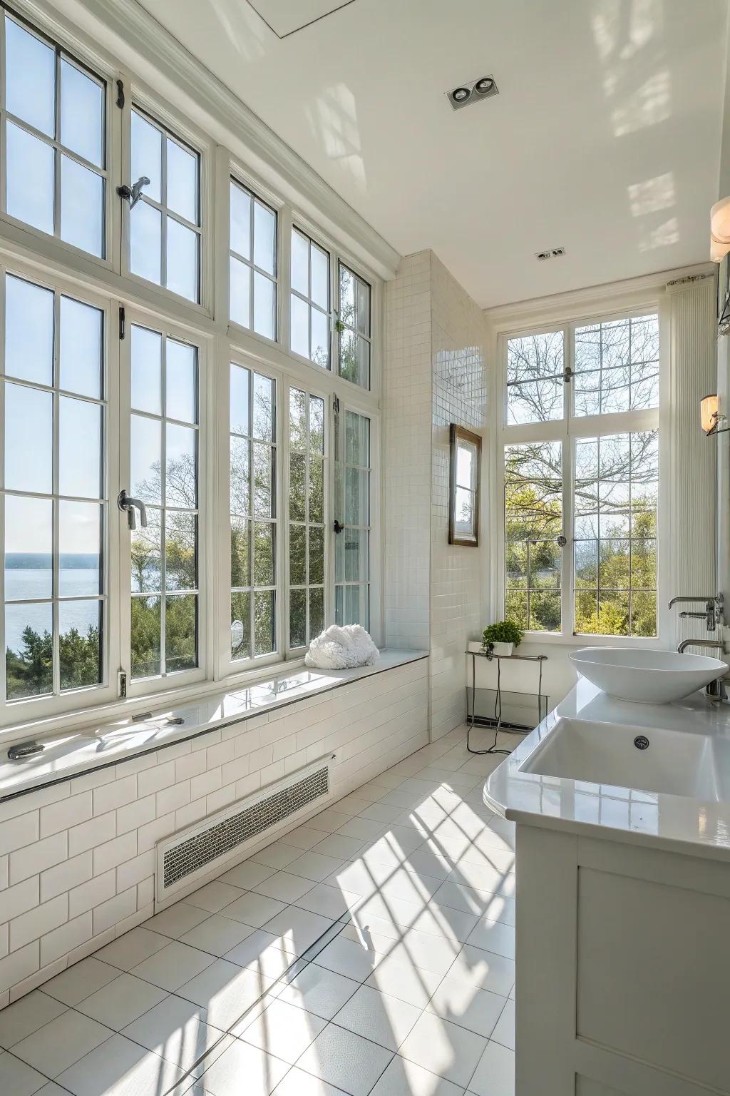 Radiant bathroom showcasing sizable windows that allow ample natural light to flood the area.