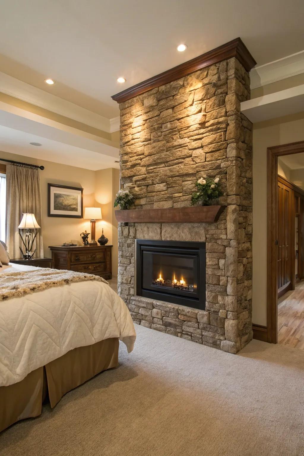 The fireplace is framed by a textured feature wall, adding depth and character to the bedroom.