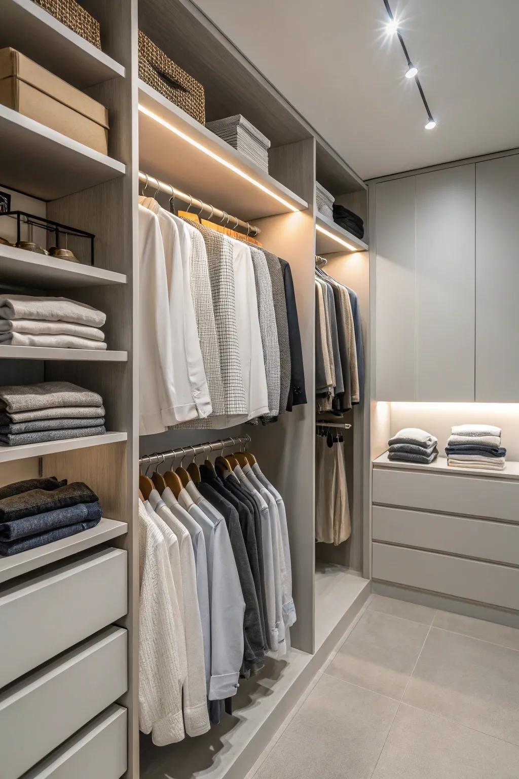 A calming neutral theme that enhances the closet’s beauty.