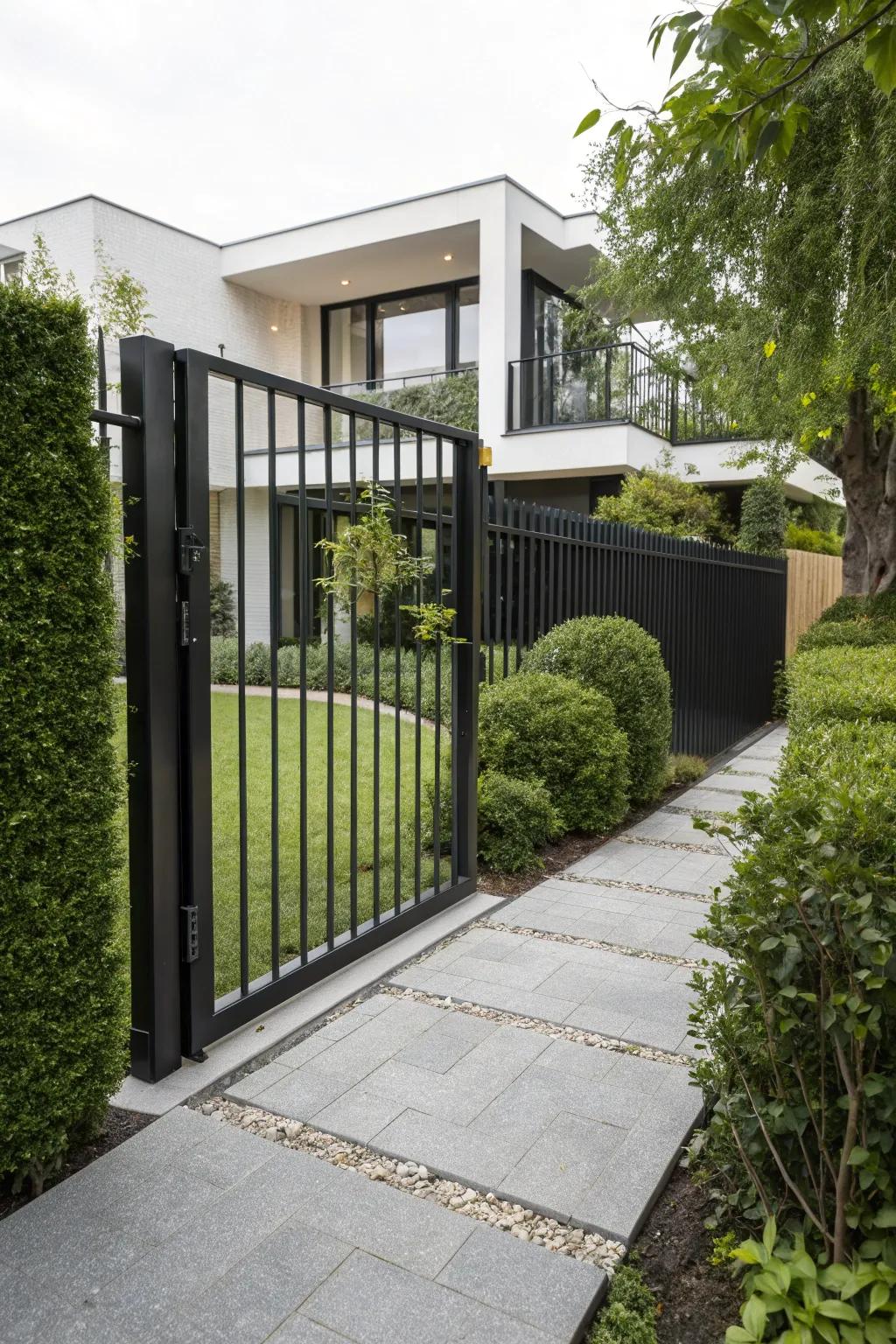 A streamlined ebony metal gate that introduces a contemporary nuance to any abode.