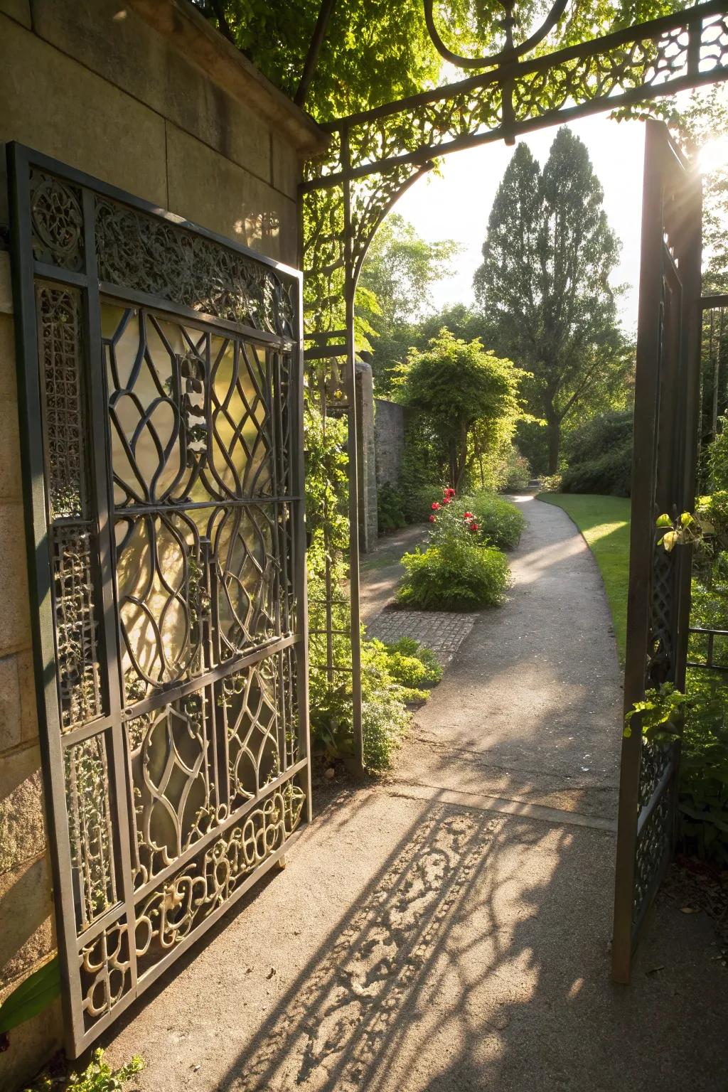 Geometric patterns infuse a modern sharpness into metal gates.