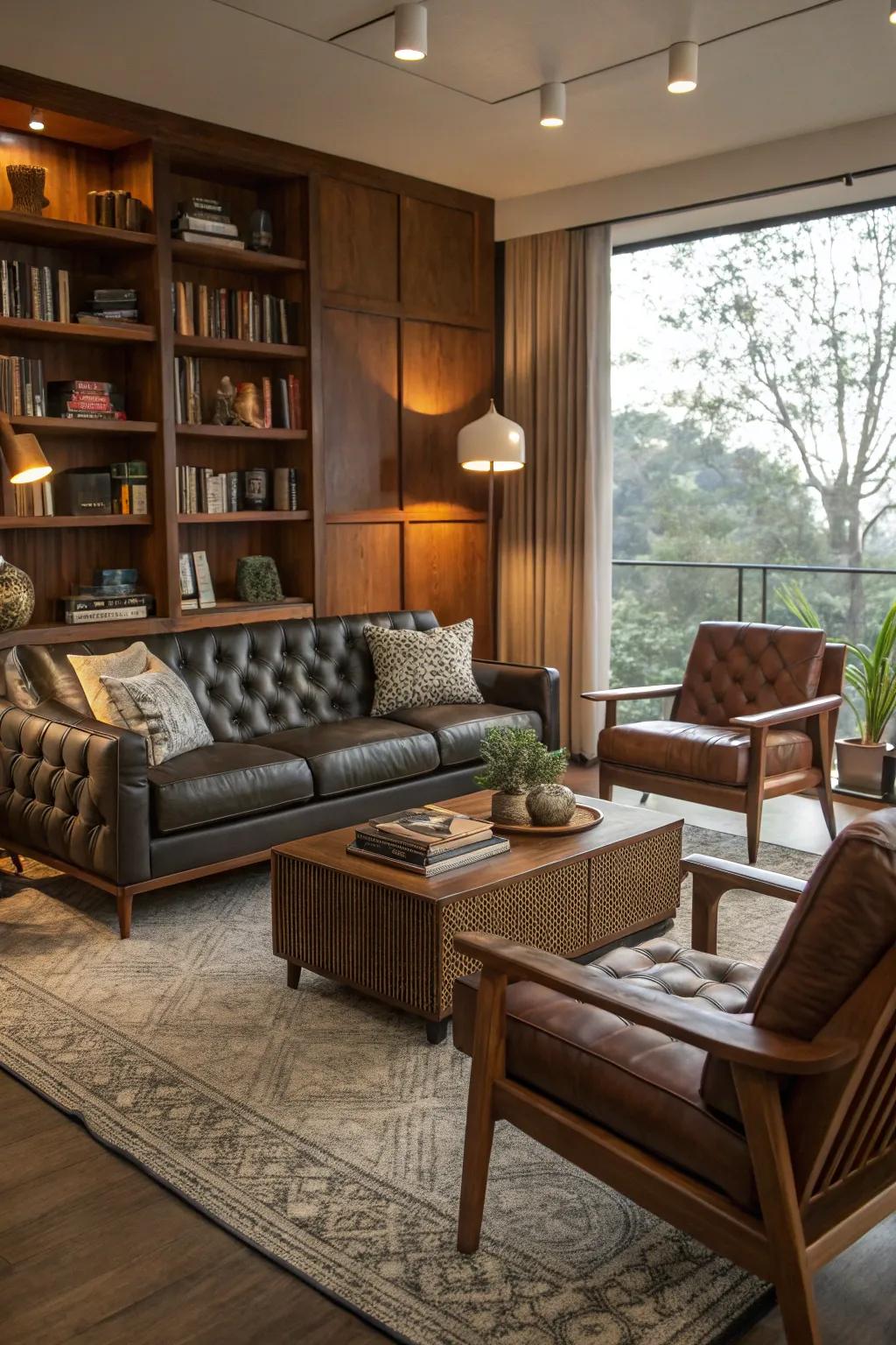 A mix of leather, fabric, and wood creates a cozy and inviting mid-century modern living space.