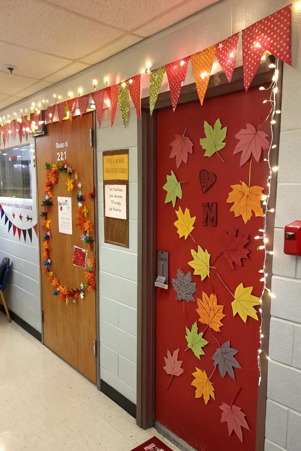 Seasonal elements beautifully incorporated into classroom door decorations.