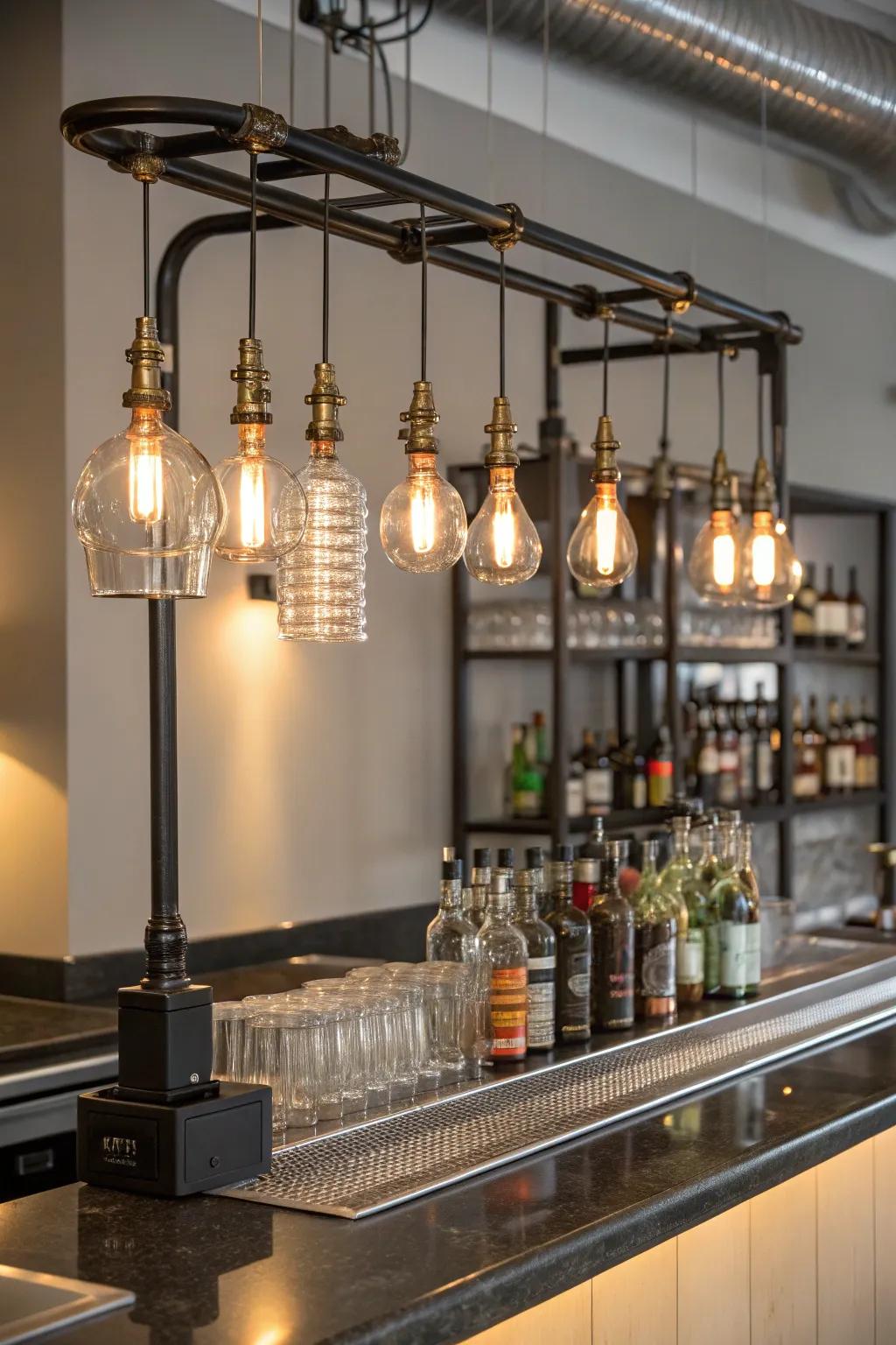 Industrial lighting enriches the home bar with countryside charm.