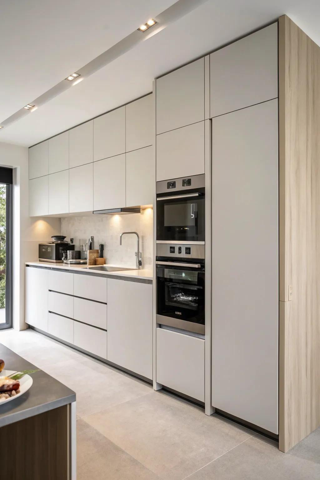 Coordinated appliances in a minimalist kitchen for a seamless, cohesive appearance.