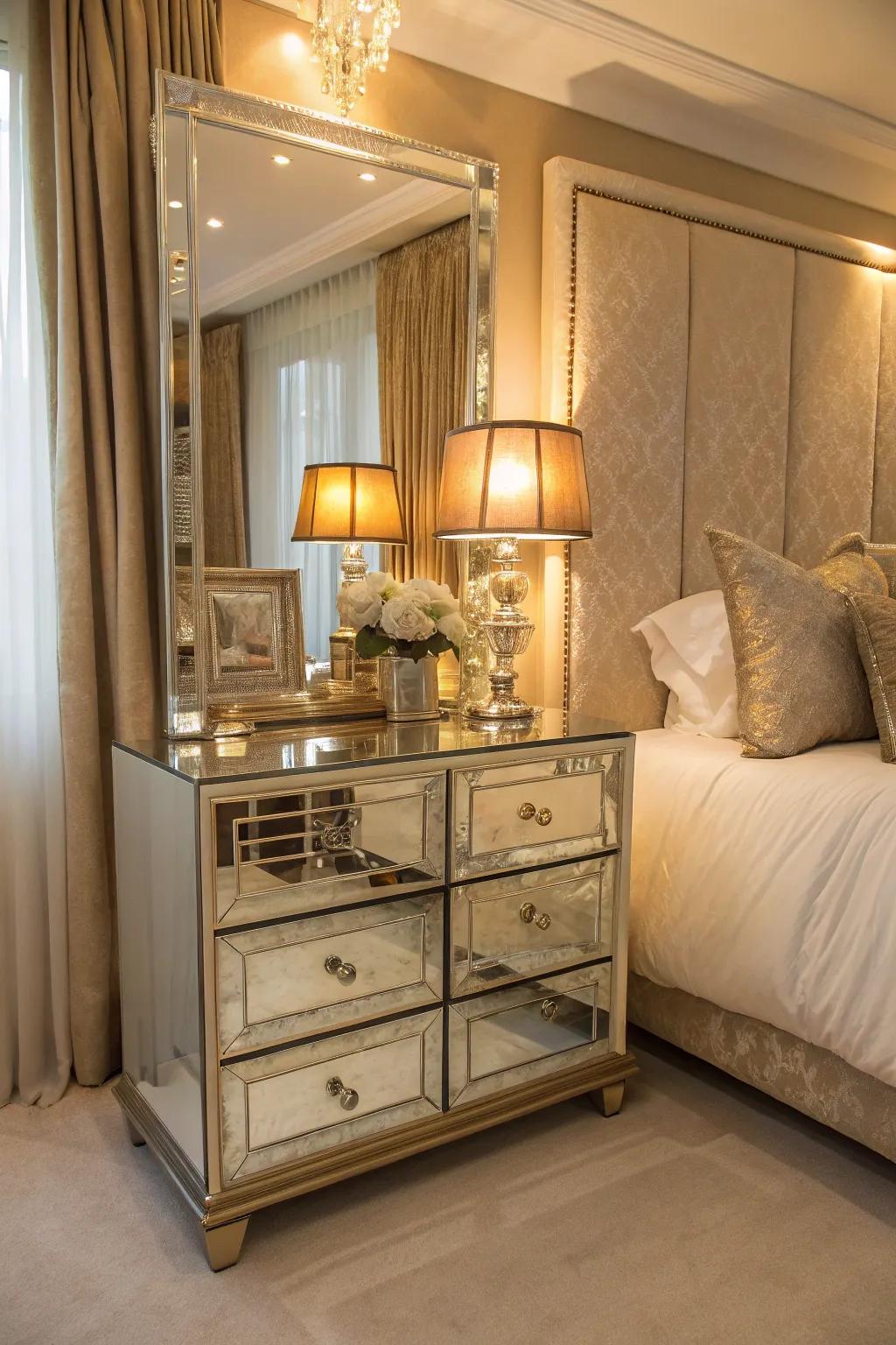 Furniture with mirrored surfaces adds a touch of glamour and enlarges the space.