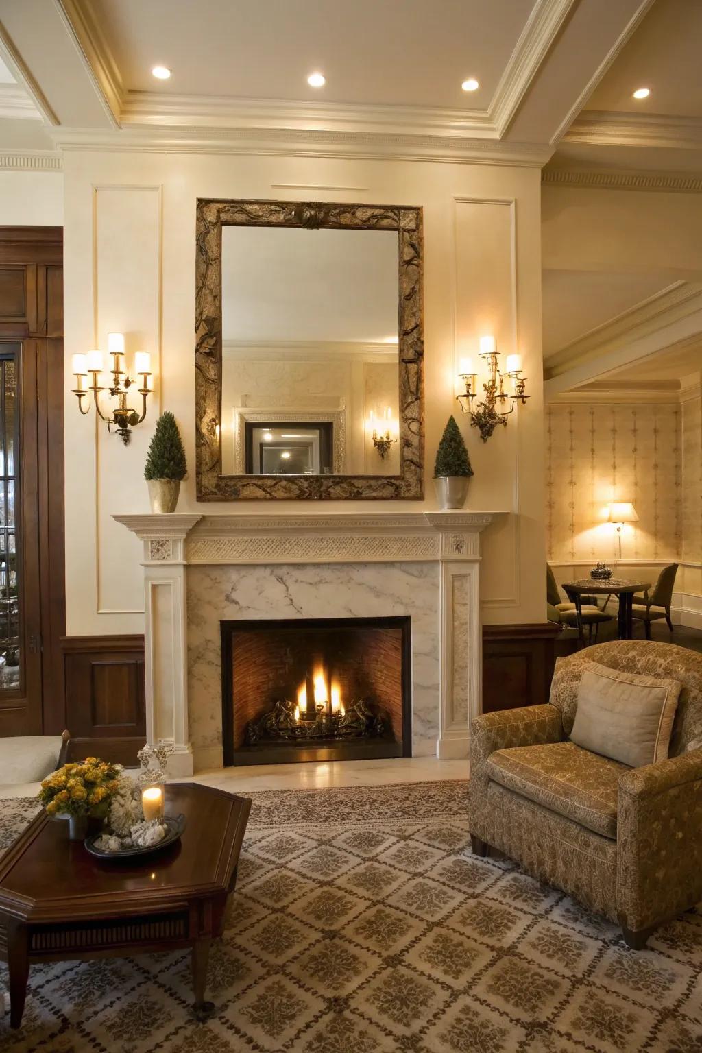 Wall lights beside a looking glass create a snug and inviting setting.